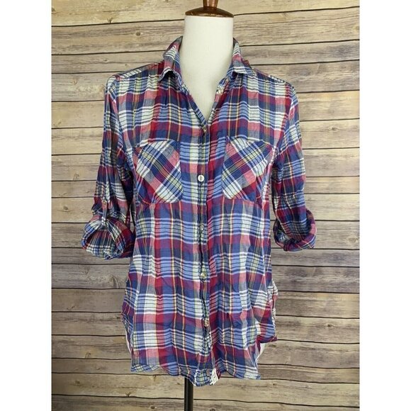 American Eagle Outfitters Tops - American Eagle Womens M Vintage Boyfriend Plaid Top Button Front Tabbed Sleeves
